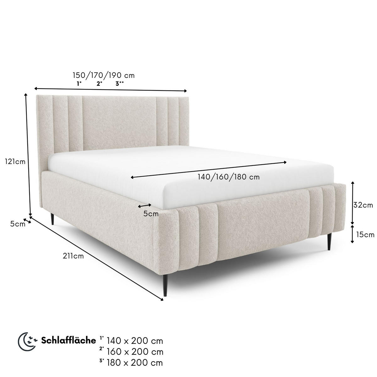 POLSTERBETT RIVIO LEG mit Beinen Bettkasten Lattenrost 140x200 Beige - Beige, Holz (140/200cm) - Furnistar