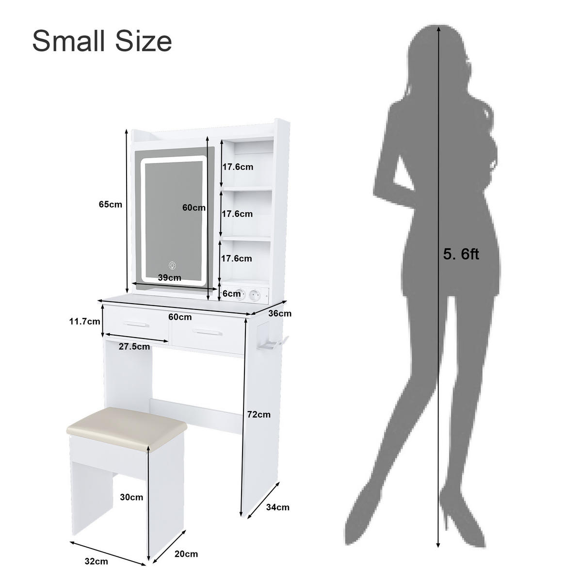 KOZMETIČNA miza, 60/136/36 cm, MDF bela, z LED-osvetlitvijo, USB-priključki in taburejem - bela, leseni material (36/136/60cm) - BEAOK