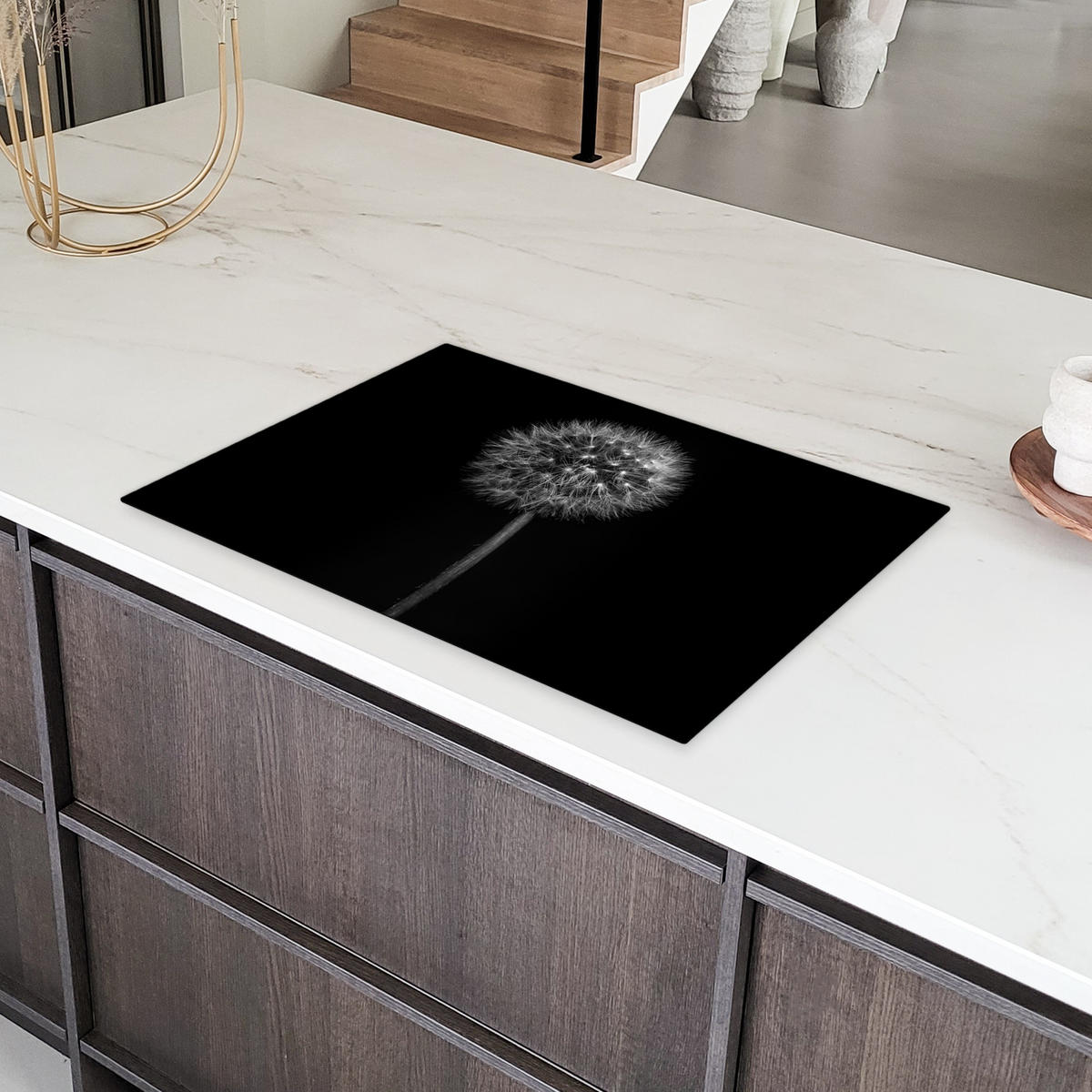 HERDABDECKPLATTE Löwenzahn - Schwarz - Floral - Botanisch Induktionsmatte 77x51 cm - Grau, Kunststoff (77/51/0.2cm) - MuchoWow