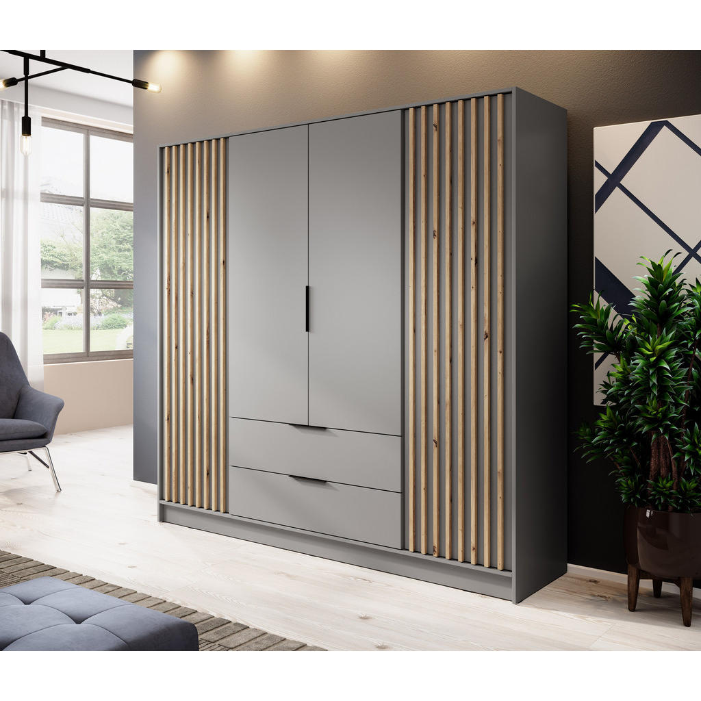 Thumbnail - Möblo Drehtürenschrank, Grau, Metall, 2 Schubladen, Rechteckig, 206x200x51 cm, Schlafzimmer, Kleiderschränke, Drehtürens...