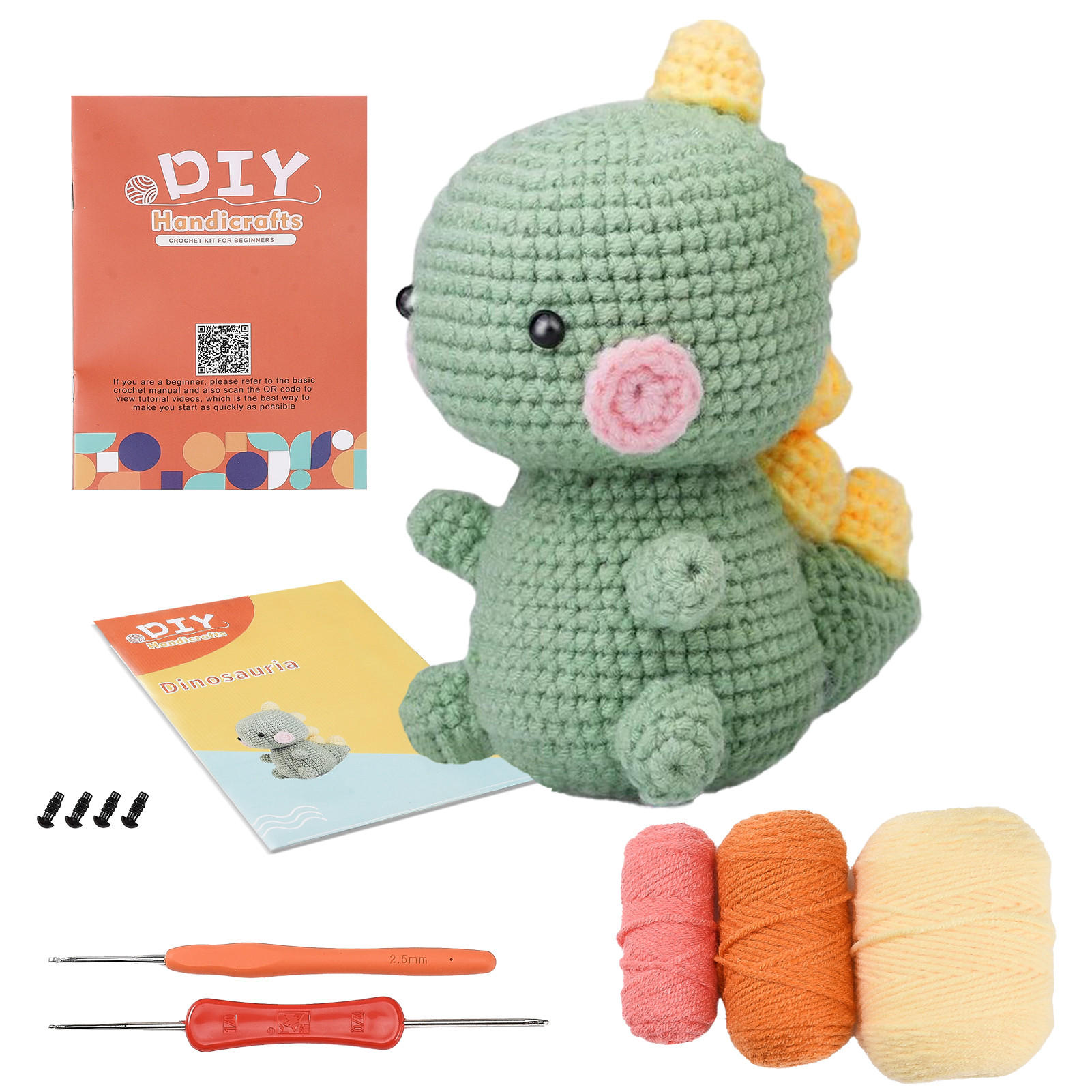 KOMPLET za heklanje Dinosaur svijetlozelene boje, DIY Amigurumi za početnike s priborom - svijetlo zelena, tekstil (1/1/1cm)