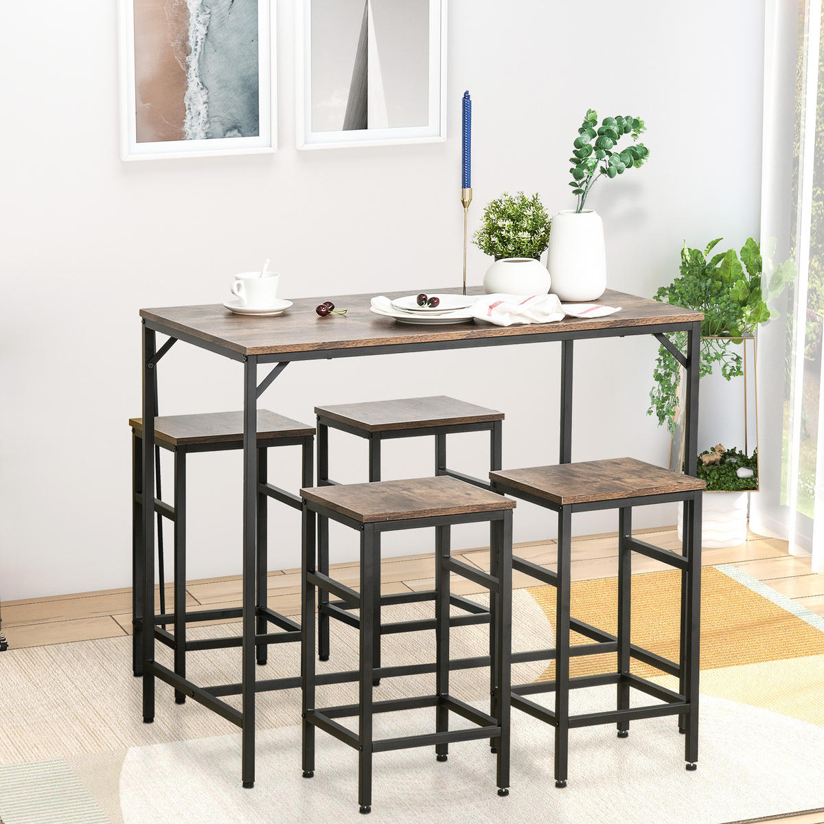 BARTISCH-SET DE-39282 100/60 cm Tisch mit 4 Hockern Rustikalbraun - Braun, Holzwerkstoff (100/88/60cm) - ComfortXL