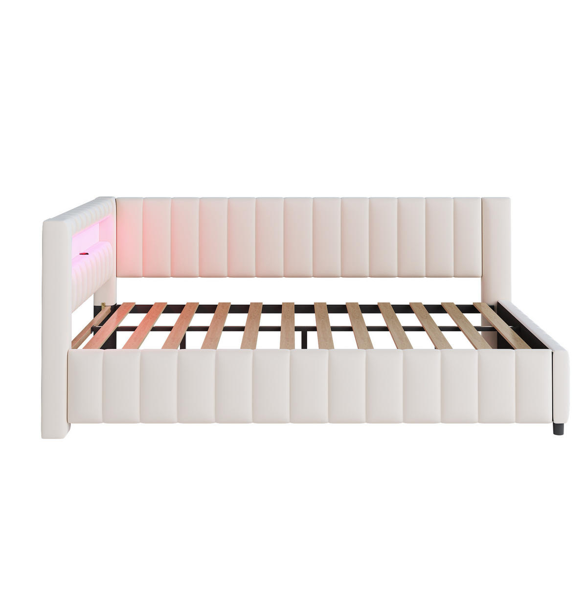 POLSTERBETT 140/200 cm aus Samt mit LED-Beleuchtung und USB-Anschluss - Beige, Textil (140/200cm) - Flora Grace