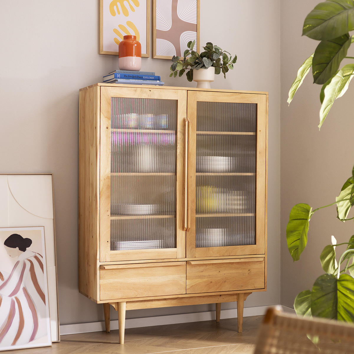 MASSIVER VITRINENSCHRANK - Akazie massiv - Akaziefarben, Glas/Holz (110/150/40cm) - home24