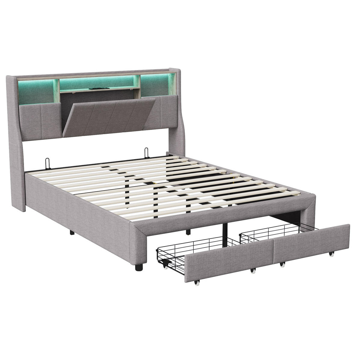 POLSTERBETT 140x200 cm mit 2 Schubladen & USB, grau - Grau, Metall (140/200cm)