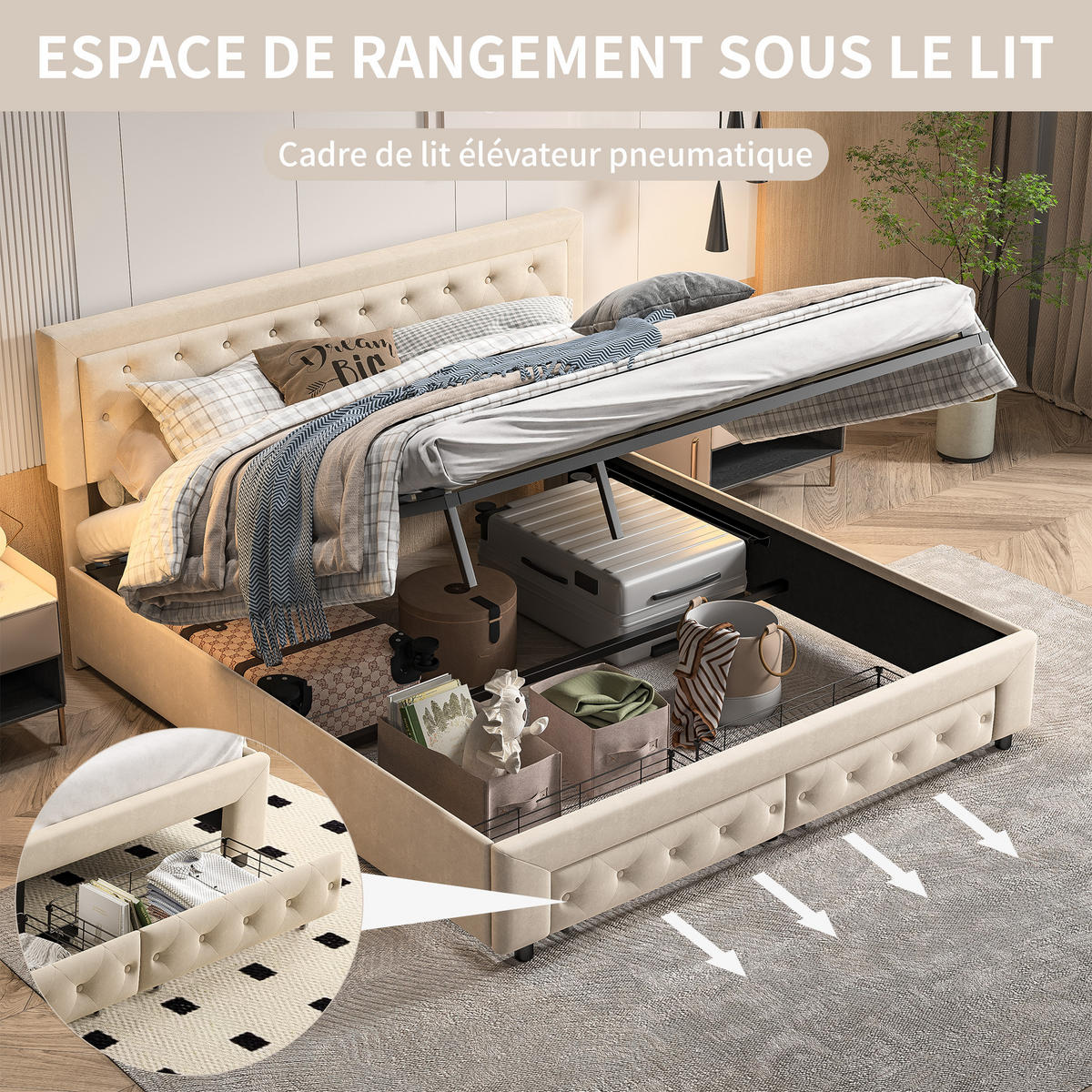 POLSTERBETT 160x200 cm, Beige, mit Hydraulischem Boxspringbett, Lattenrost und Schublade, Samt - Beige, Textil/Metall (160/200cm)