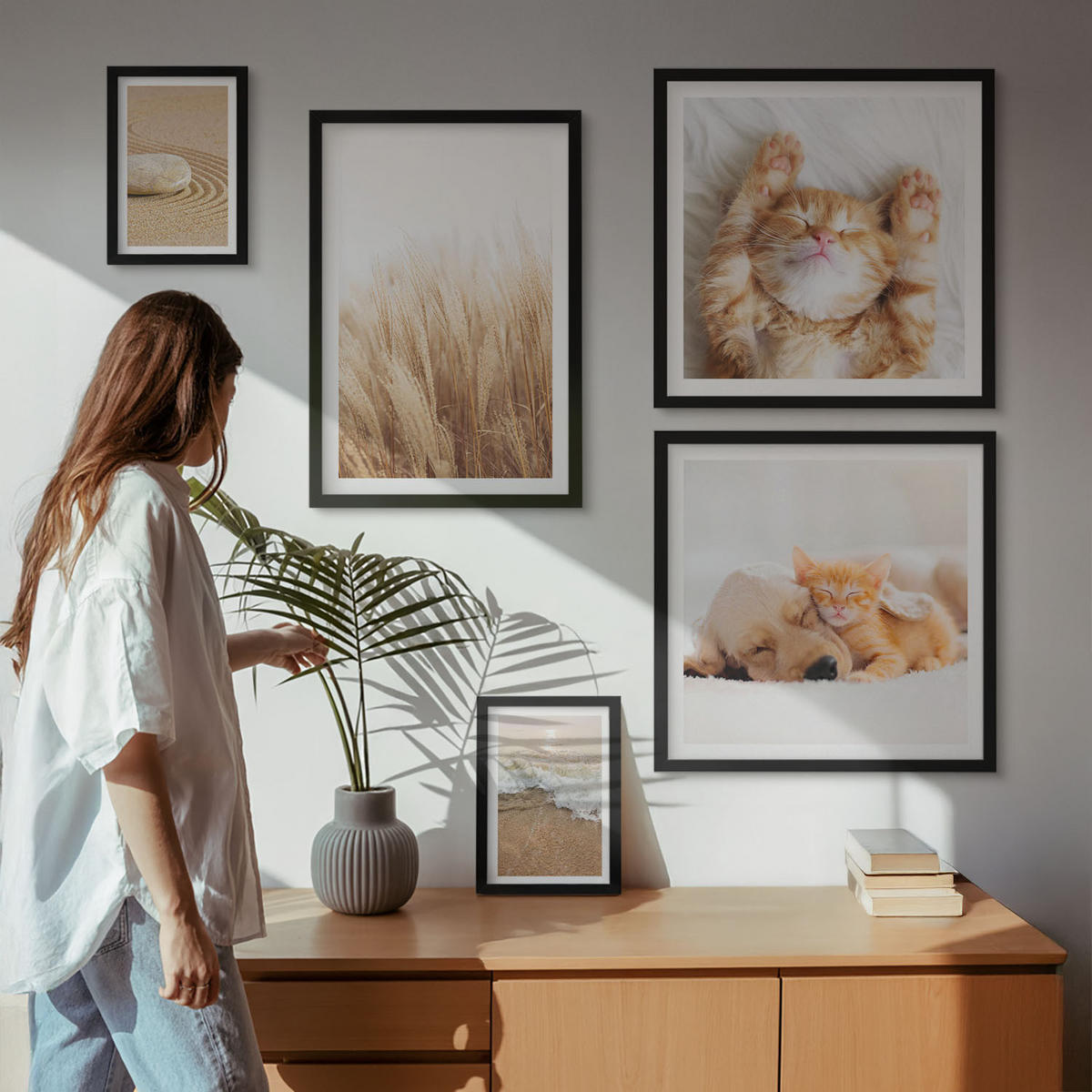 BILDER SET 5er Set - 50x50 cm & 20x30 cm & 40x60 cm Schwarzer Rahmen - Niedliche Tiere, Katzen, Hunde, Strand - Schwarz, Kunststoff (40/60cm) - TULUP