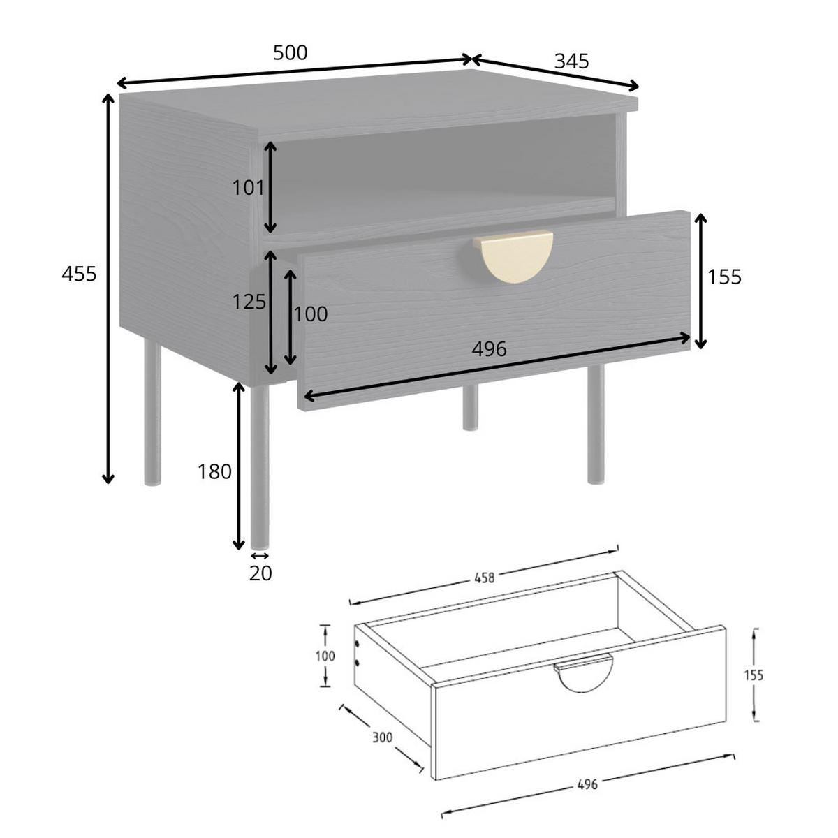 NACHTKONSOLE 2ER SET Mond anthrazit je 50 / 34,5 / 45,5cm - Anthrazit/Goldfarben, Holz/Holzwerkstoff (50/45.5/34.5cm) - Feldmann-Wohnen