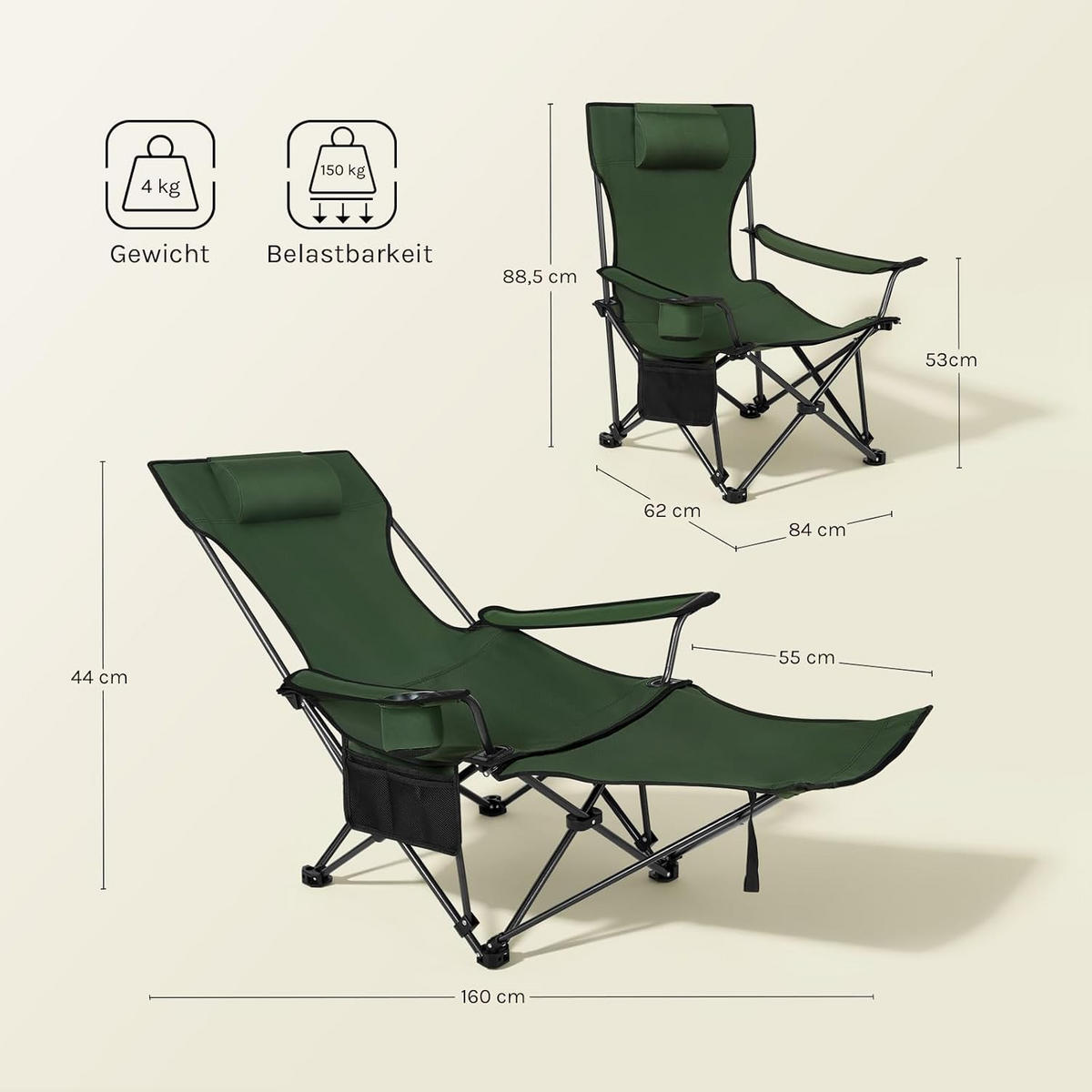 CAMPINGSTUHL Faltbar mit Fußablage Grün - Grün, Textil (84/88.5/160cm) - Woltu