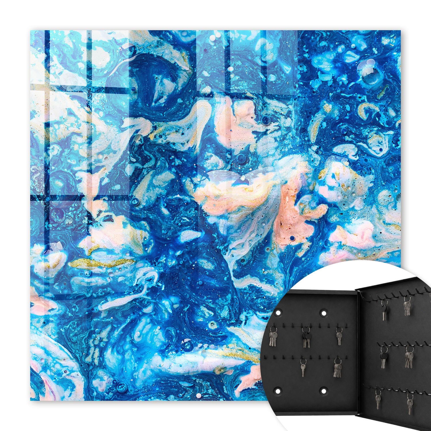 SCHLÜSSELBOX Schwarz 30x30 cm- Türöffnung nach rechts - Bunte Wirbel - Blau, Metall (30/30/5cm) - TULUP