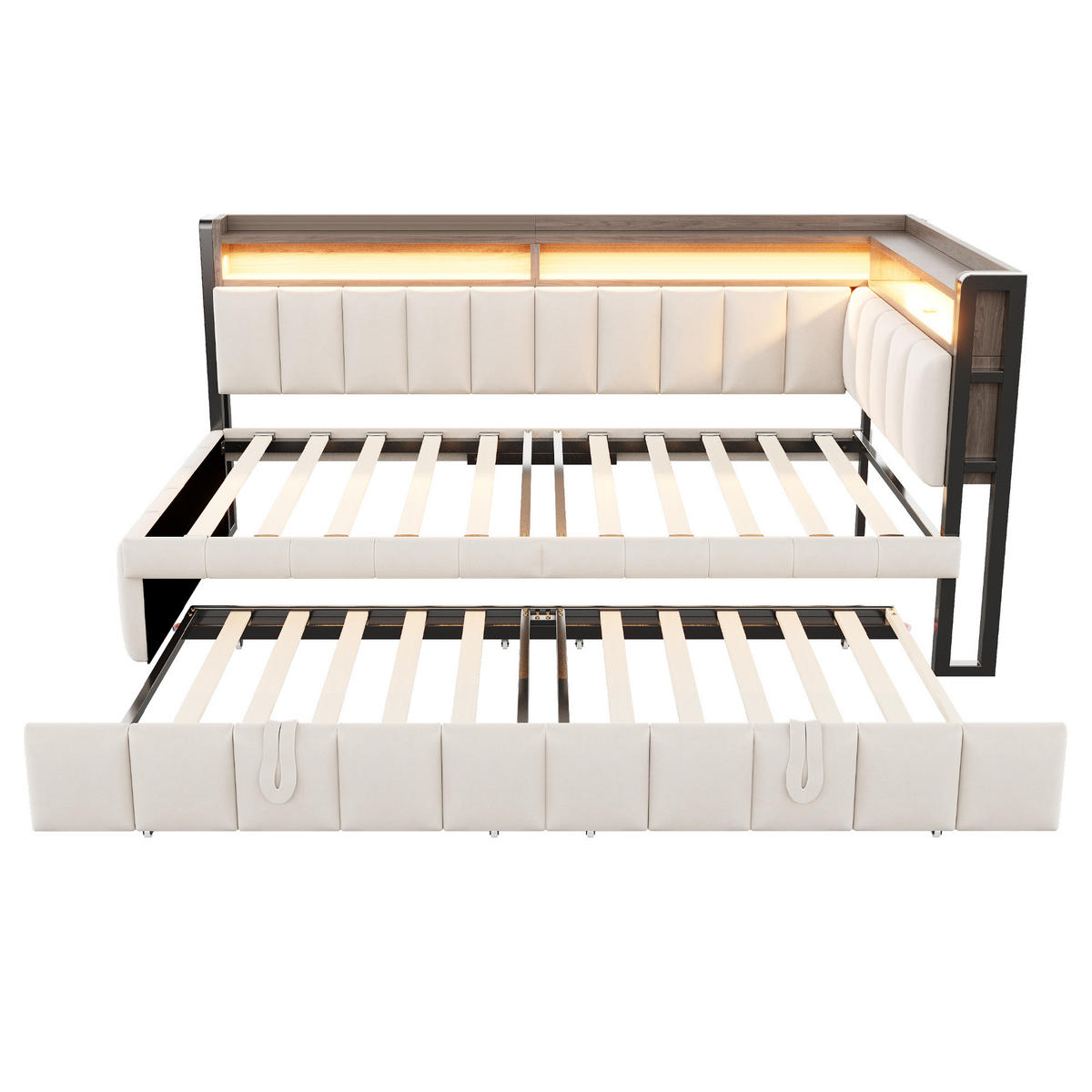 AUSZIEHBETT 90/200 cm ausziehbar mit LED und USB, DE-41717, in Beige - Beige, Metall (90/200cm) - ComfortXL