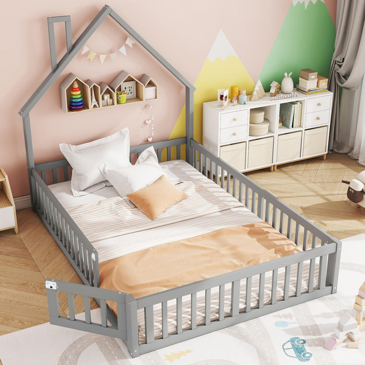 KINDERBETT 140/190 cm Grau aus Kiefer und MDF mit Sicherheitsgitter - Grau, Holzwerkstoff (140/190cm) - Flora Grace