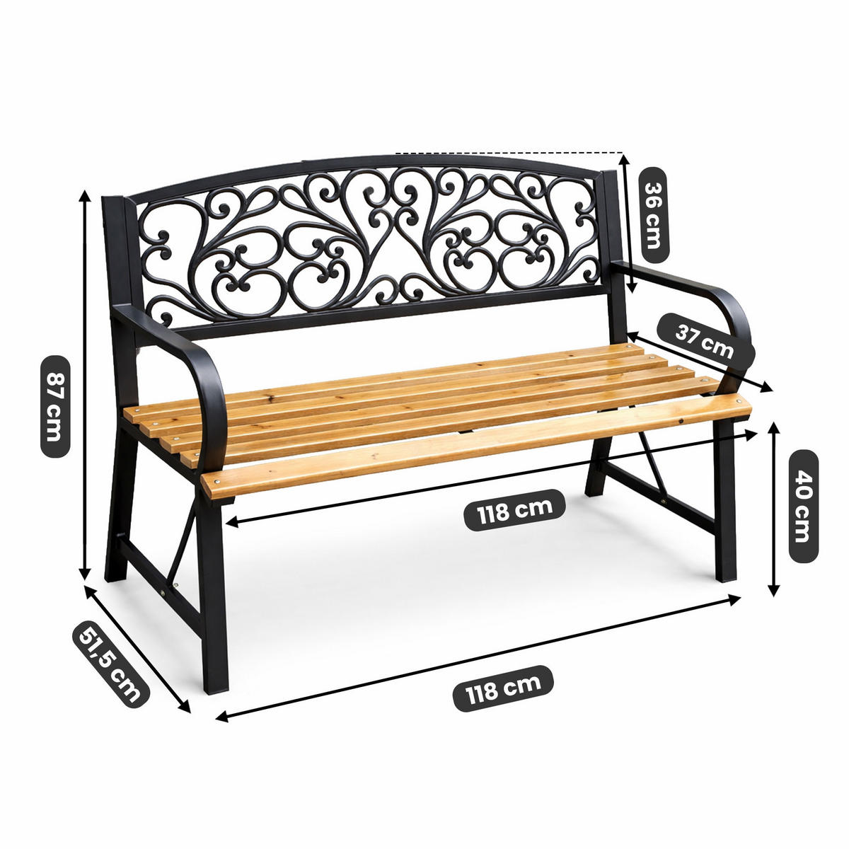 GARTENBANK NERINA Schwarz 118 x 87 x 51,5 cm - Schwarz/Braun, Holz/Metall (118/87/51.5cm) - Akord