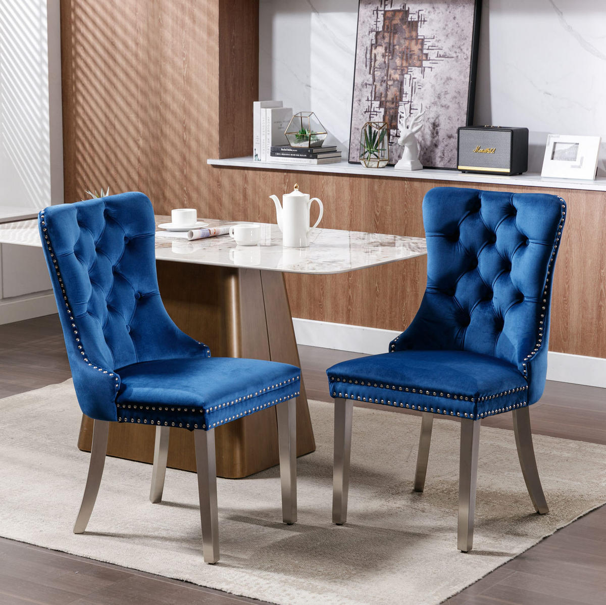ESSZIMMERSTUHL mit hoher Rückenlehne 2er-Set Samt Blau - Blau, Metall (50/95/65cm) - Meubliv