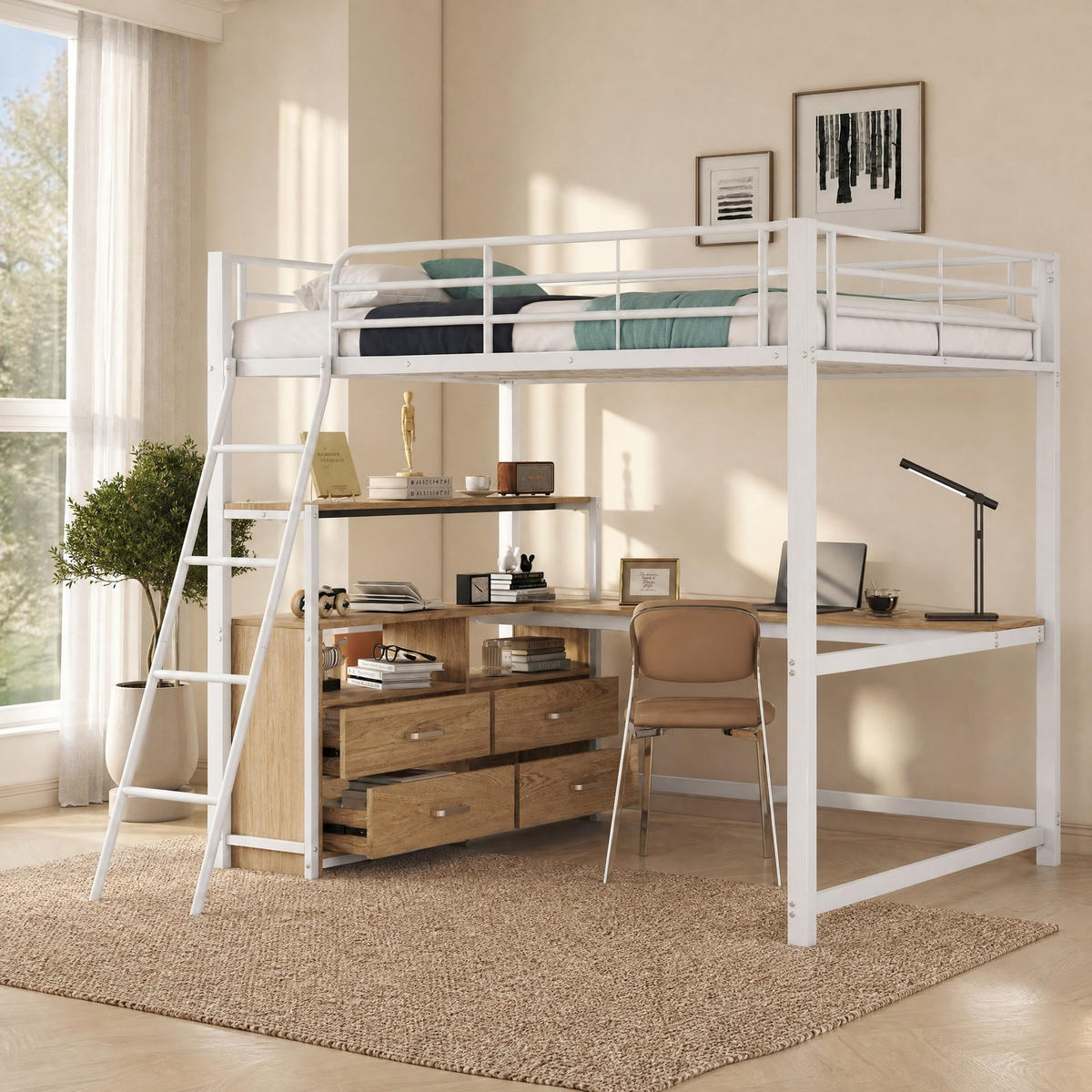 HOCHBETT 140/200 mit Schreibtisch, Schubladen und Stauraum in Weiß - Weiß, Holz/Metall (140/200cm) - EVRYAE
