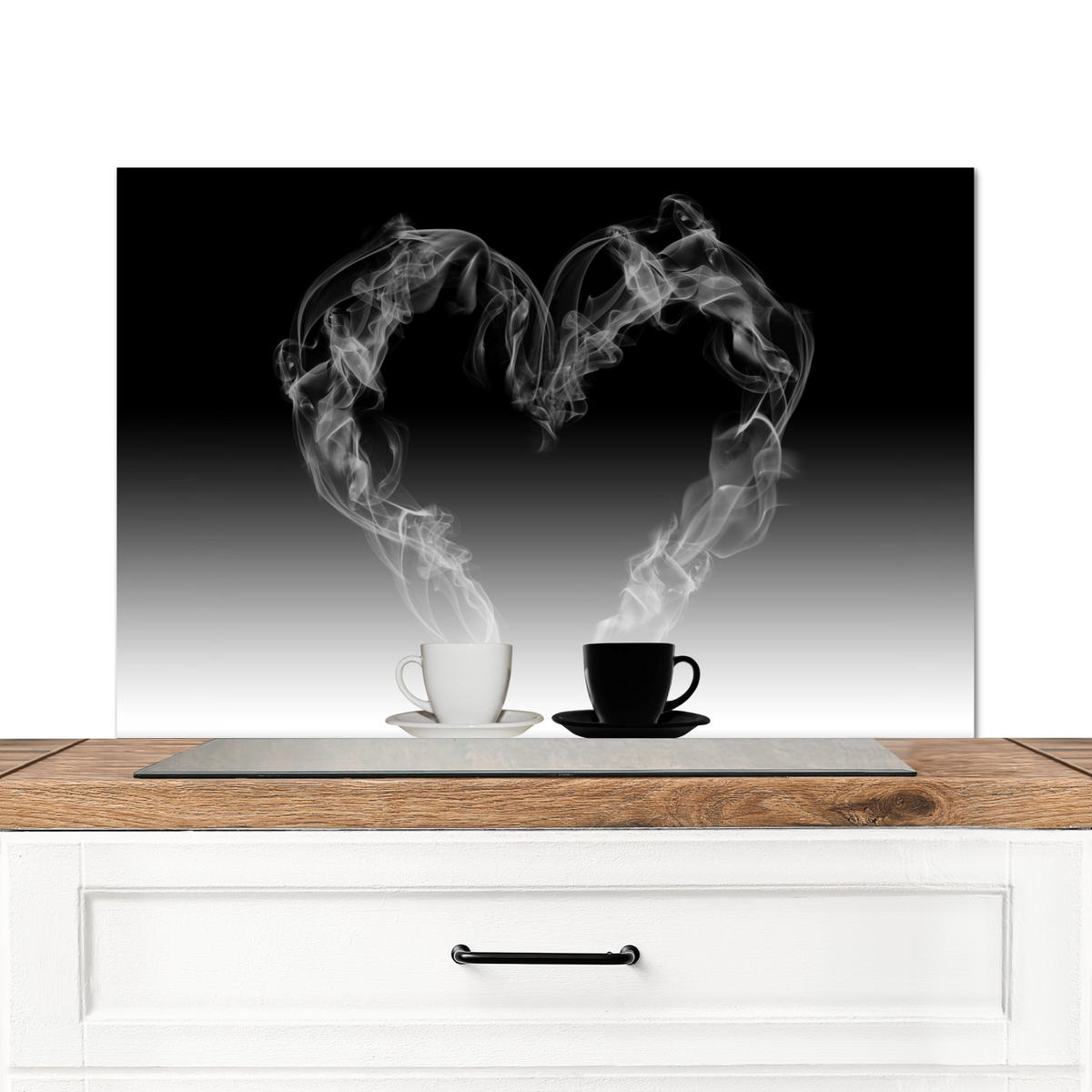 SPRITZSCHUTZ KÜCHE Kaffee - Herz - Schwarz und weiß - Tassen 90x60 cm - Weiß, Metall (90/0.3/60cm) - MuchoWow