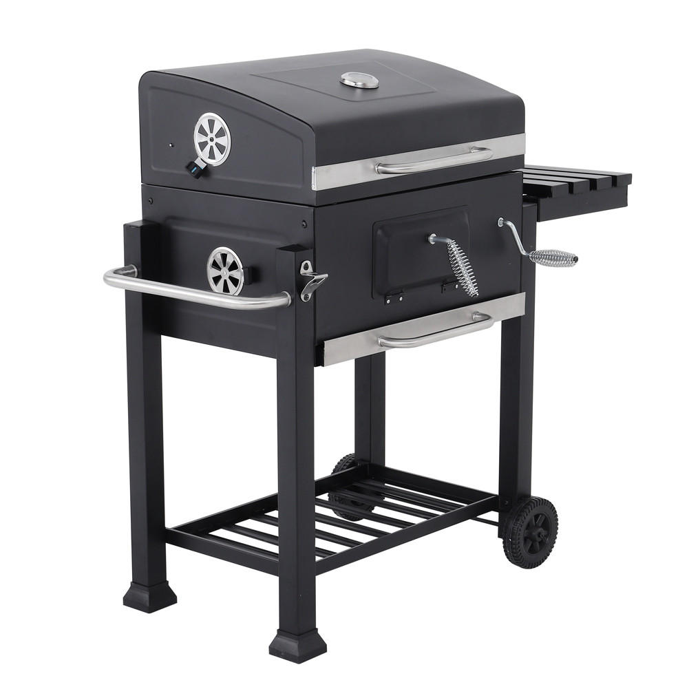 HOLZKOHLEGRILL mit 2 Edelstahl-Grillroste und Rollen aus Eisen in Schwarz pulverbeschichtet rostbeständig 78 x 54 x 32 cm - Schwarz, Metall (45/100/113cm) - Livingandhome