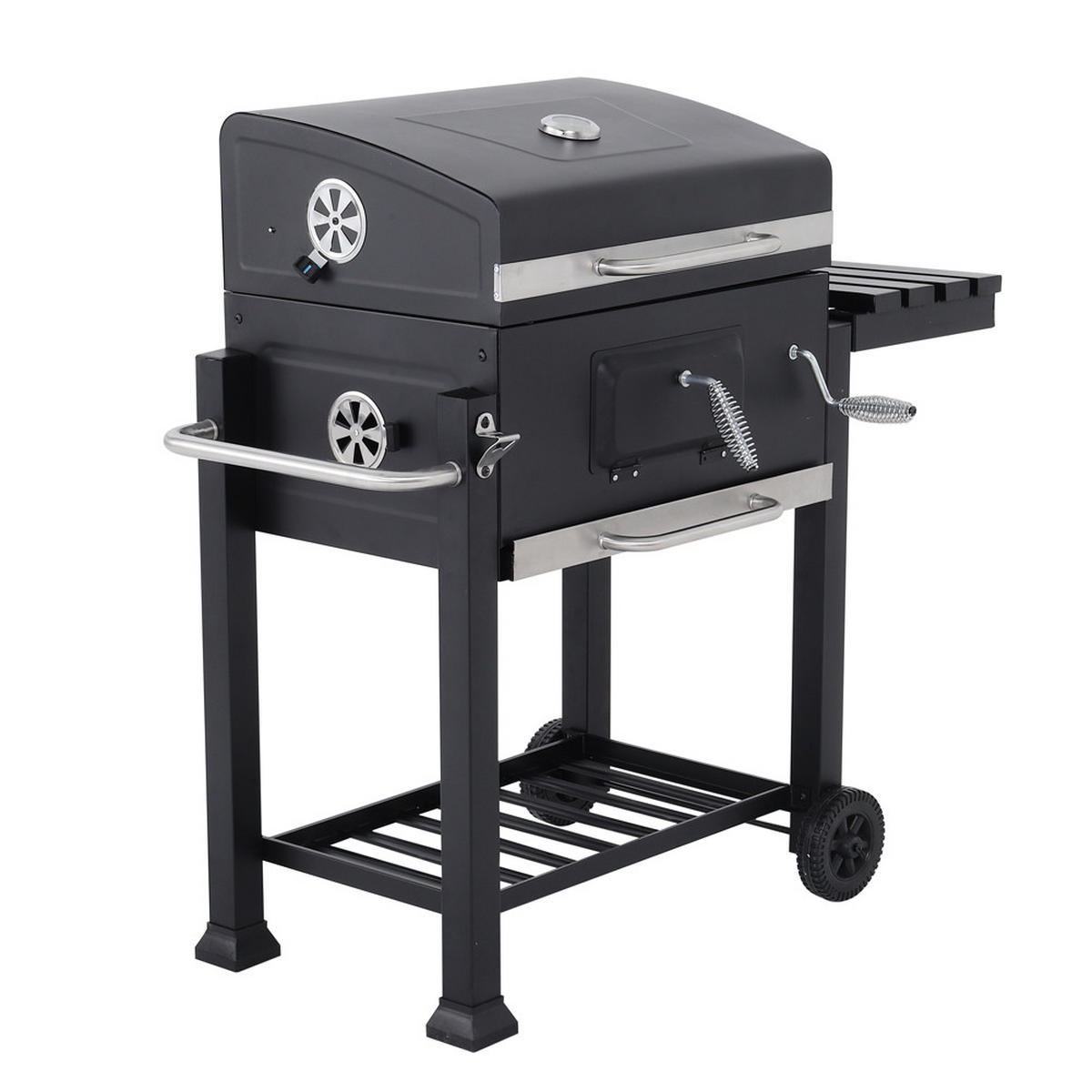 HOLZKOHLEGRILL mit 2 Edelstahl-Grillroste und Rollen aus Eisen in Schwarz pulverbeschichtet rostbeständig 78 x 54 x 32 cm - Schwarz, Metall (45/100/113cm) - Livingandhome