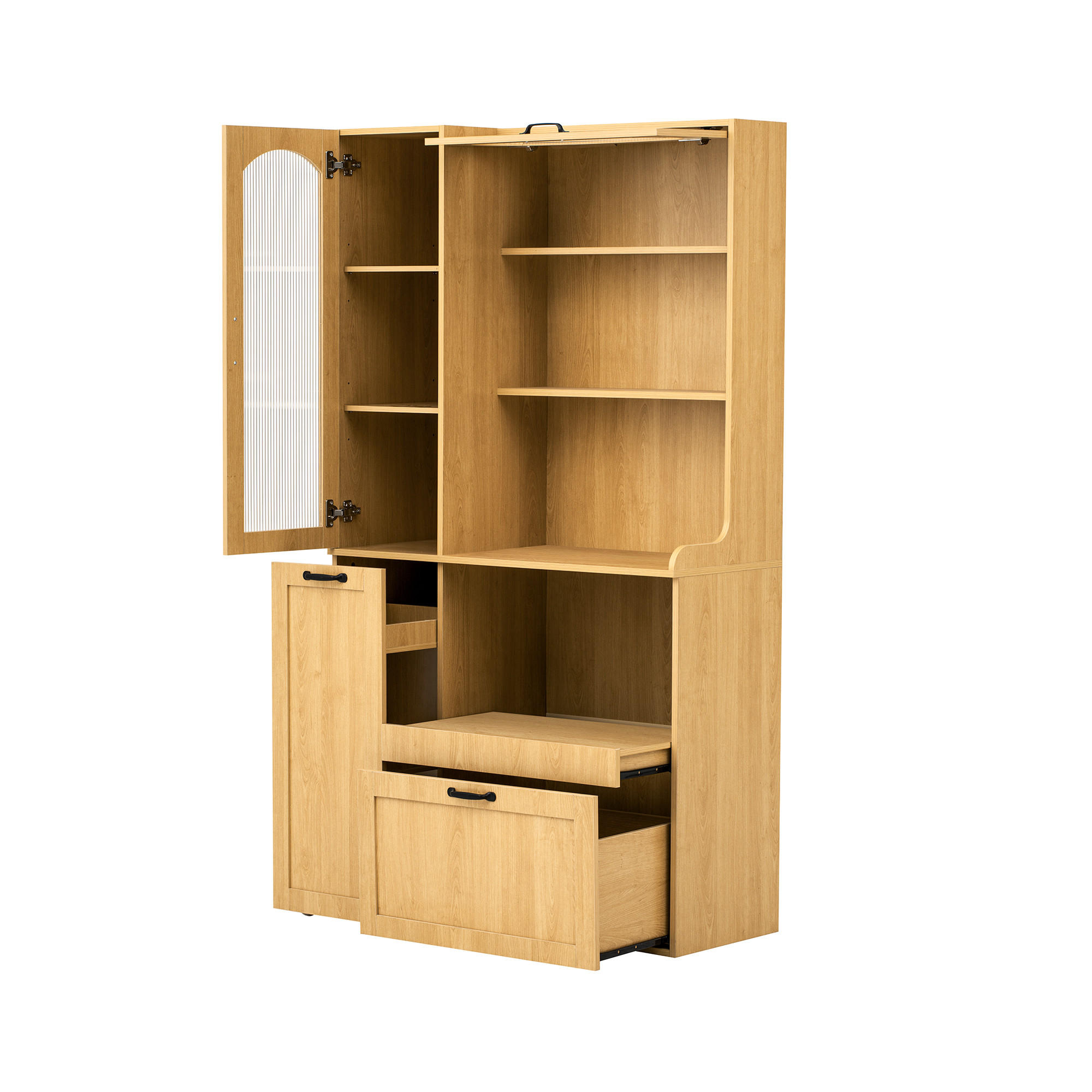 BUFFET Küchenschrank mit Riffelglas Ausziehbarer Ablage Verstellbaren Böden für Küche Esszimmer Natur 98x40x177 cm - Weiß/Naturfarben, Glas/Holzwerkstoff (98/177/40cm) - EVRYAE