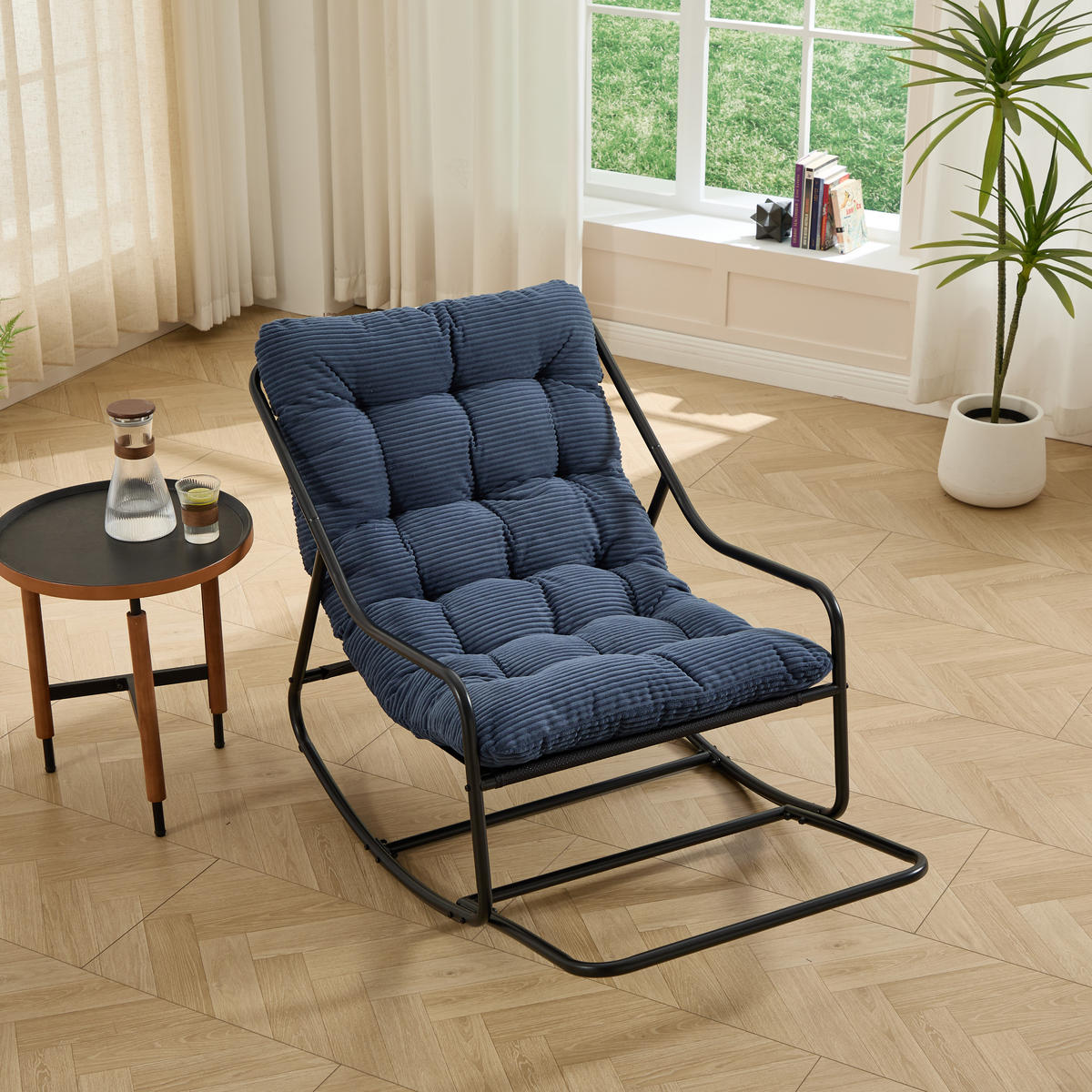 RELAX Schaukelstuhl Blau mit Beinablage Dickem Kissen und Stabilem Stahlrahmen - Blau, Metall (75/82/116cm) - PARAFTA HOME