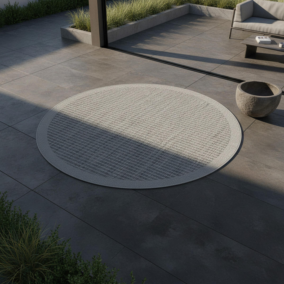 TEPPICH Outdoor Flachgewebe Uni-Farbe Polypropylen Balkon Grau Rund 200x200 - Grau, Textil (200/200cm) - KADIMA DESIGN