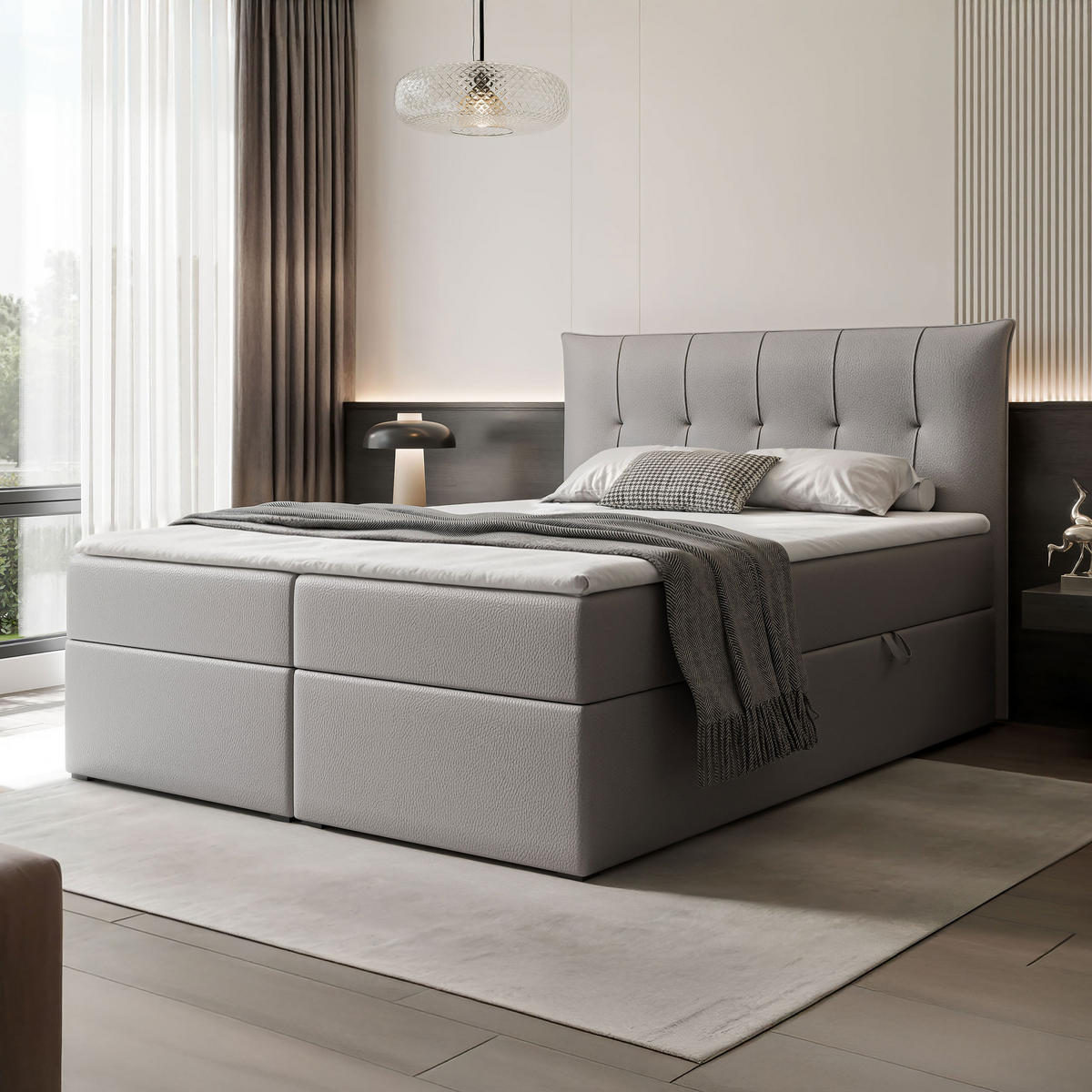 BOXBETT CHESTER 180/200 cm mit Matratze und Topper, Grau - Grau, Holzwerkstoff/Textil (180/200cm) - Idohome