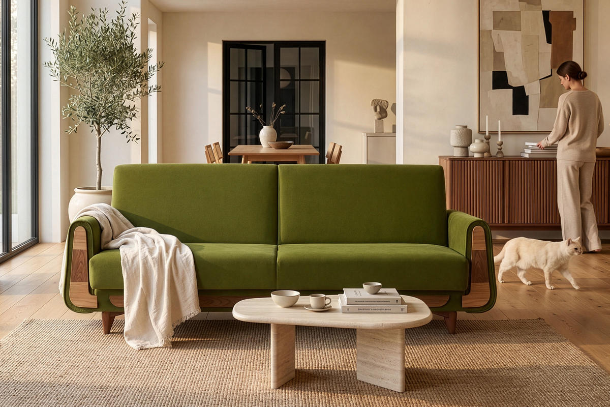 3-SITZER-SCHLAFSOFA GUSTAVO mit Armlehnen, grün - Braun/Olivgrün, Holz/Holzwerkstoff (230/98/98cm) - KONSIMO®