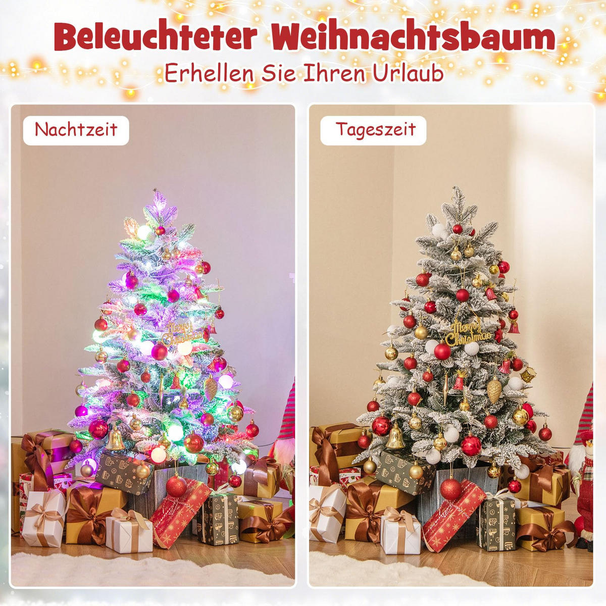 WEIHNACHTSBAUM beflockte Tannenform mit bunten LEDs 100 cm grün - Grün, Metall (100cm) - COSTWAY