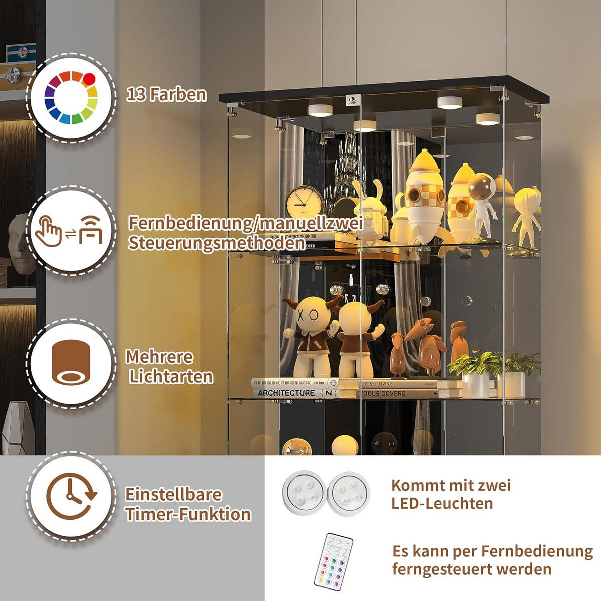 GLASVITRINE LED Vitrinenschrank Schwarz mit 2 Tür 4 Etagen mit Schloss und Spiegeleffekt - Schwarz, Glas (36.49/163.9/80.49cm) - BPKADHY