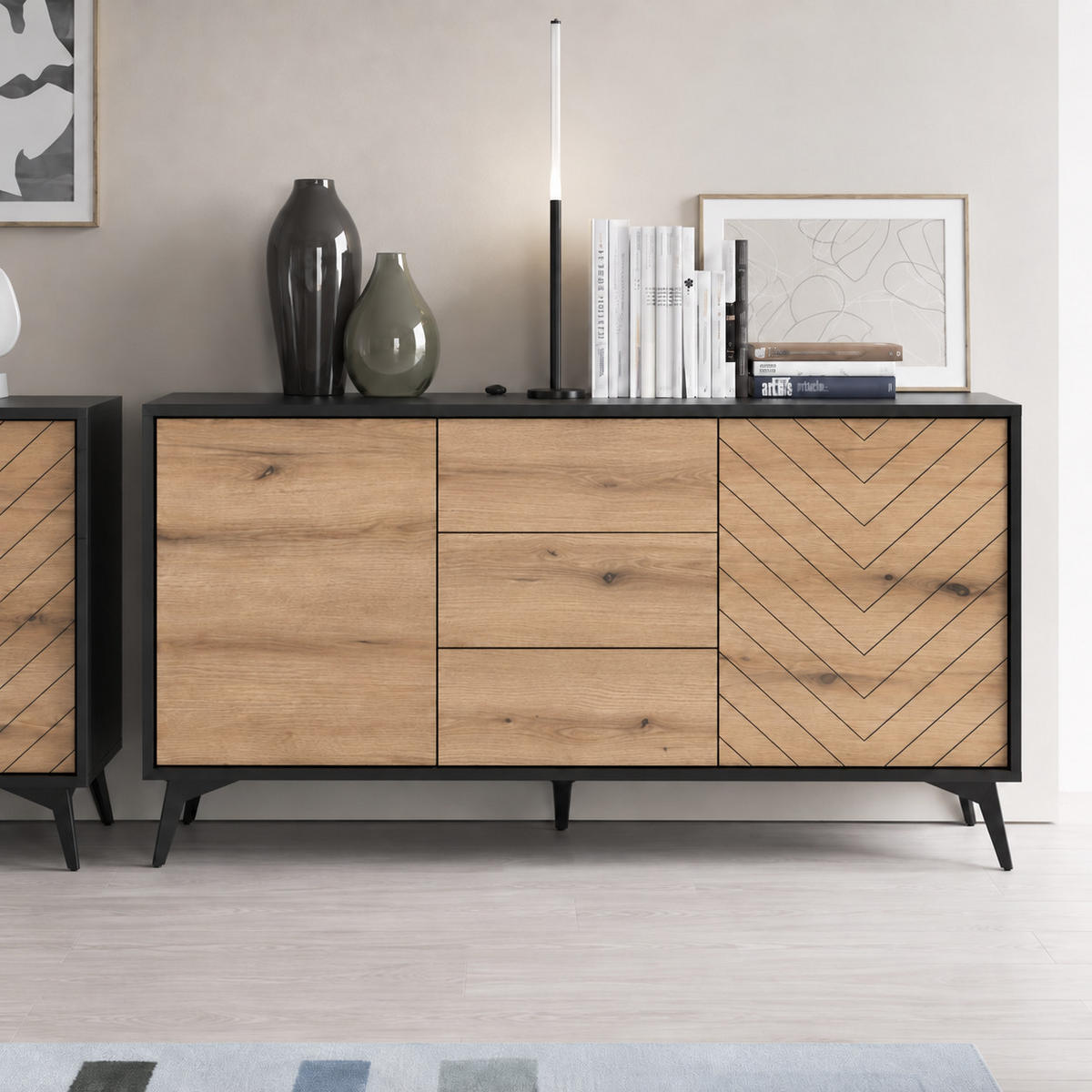 KOMMODE DIAMOND K2D3SZ (Eiche Evoke, Schwarz, Fischgrätmuster, Metallfüße, Push to Open) - Eichefarben/Schwarz, Holz/Holzwerkstoff (154/77/39cm) - Ravio
