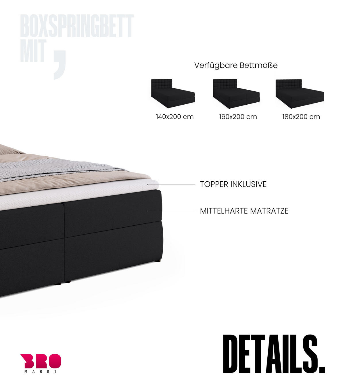 BOXBETT Dakota mit Topper 160/200 Schwarz - Schwarz, Textil (160/200cm) - Bromarkt
