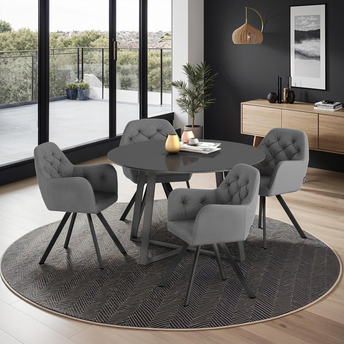 ARMLEHNSTUHL Samt Drehbarer 4er Set Lucia 58 x 58 x 87 cm anthrazit - Anthrazit, Kunststoff (58/87/58cm) - tectake