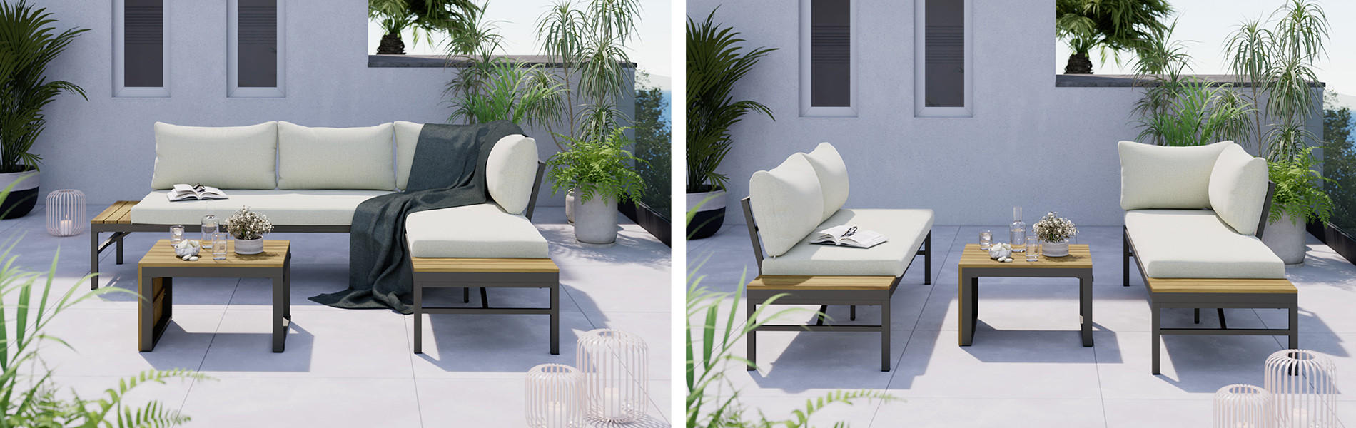 Kerti sarokgarnitúra, 206x160 cm befoglaló méret, szürke acél váz, akácia betéttel, bézs párnákkal, több verzióban felállítható