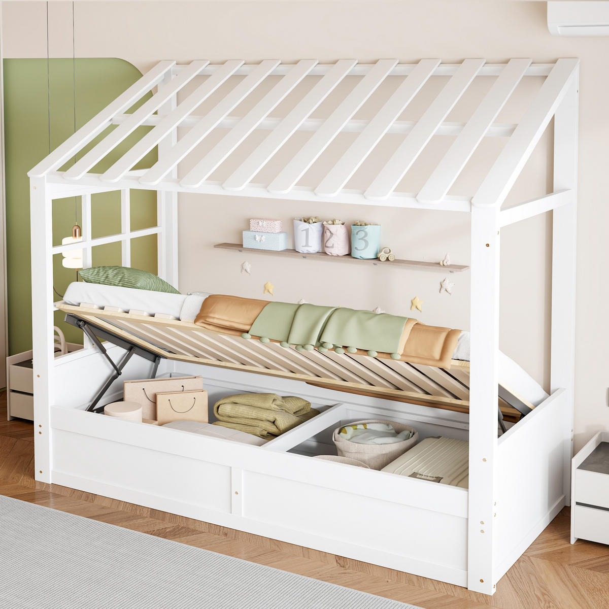 HAUSBETT 90/200 cm mit Dach und hydraulischem Stauraum, DE-41620, in Weiß - Weiß, Holzwerkstoff (90/200cm) - ComfortXL