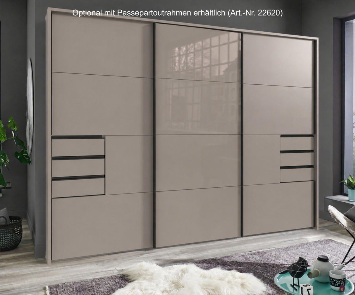 SCHWEBETÜRENSCHRANK 3-türig B270/H208/64 cm, Sandgrau, Mitteltür Glas, Kleiderschrank mit Schubladen & Vollausstattung, / 22614 - Sandfarben/Graubraun, Holzwerkstoff/Metall (270/208/64cm) - luma-home