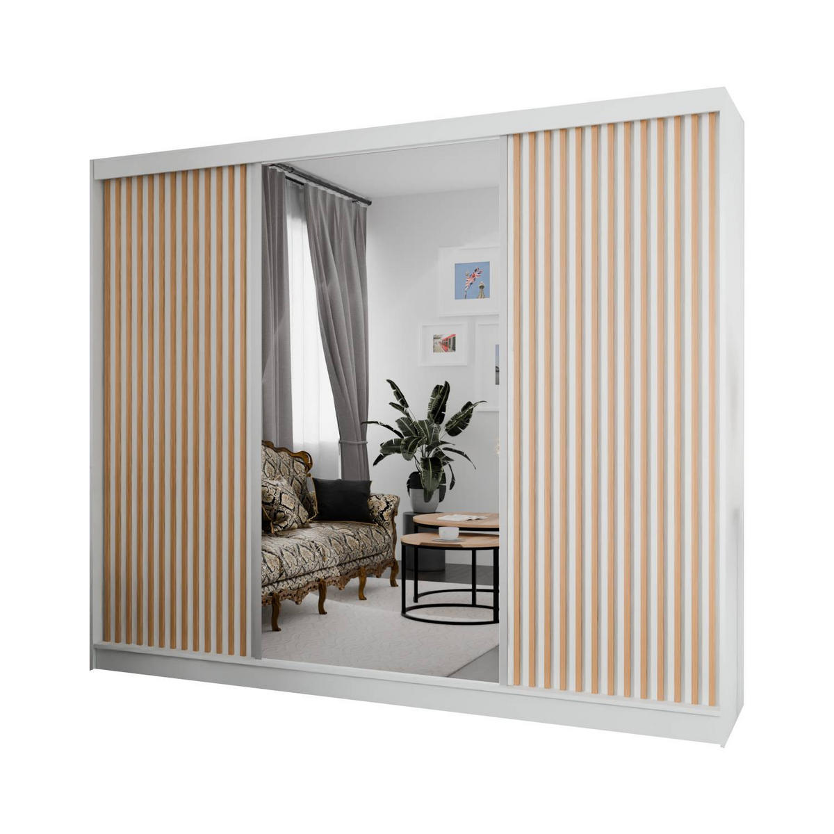 SCHIEBETÜRENSCHRANK LAMELIS - Eiche Wotan/Weiß, Holzwerkstoff (250/215/61cm) - Meblini