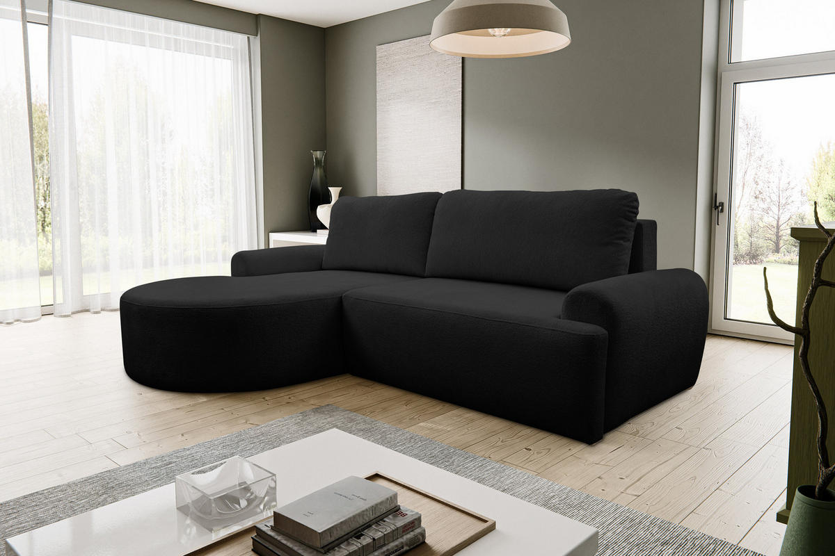 ECKSOFA Dream in L-Form mit Schlaffunktion und Bettkasten, Farbe: Schwarz, Bouclé-Stoff, Ottomane Links - Schwarz, Textil (136/260cm) - VENASI MÖBEL