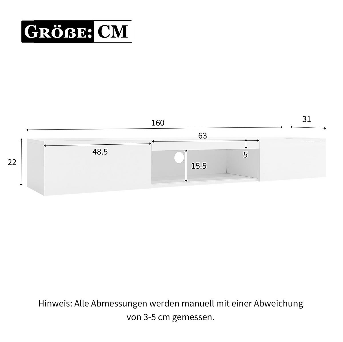 LOWBOARD 160/31/22 cm in Weiß aus Spanplatte mit LED-Beleuchtung - Weiß, Holzwerkstoff (31/22/160cm) - OKMYHOME