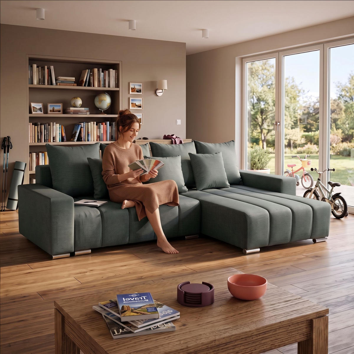 ECKSOFA Piano L Rechts mit Schlaffunktion 137x234 Velours Grün - Silberfarben/Grün, Holz/Textil (178/278cm) - Muffo