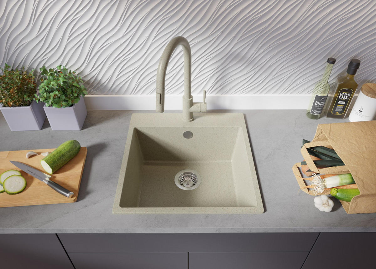 GRANITSPÜLE Riga, 2-er set Beige 48/50 cm 1 Becken + Küchenarmatur 32/20 cm + Ablauf-Set ab 50er Unterschrank - Beige, Kunststoff (48/20/50cm) - Primagran