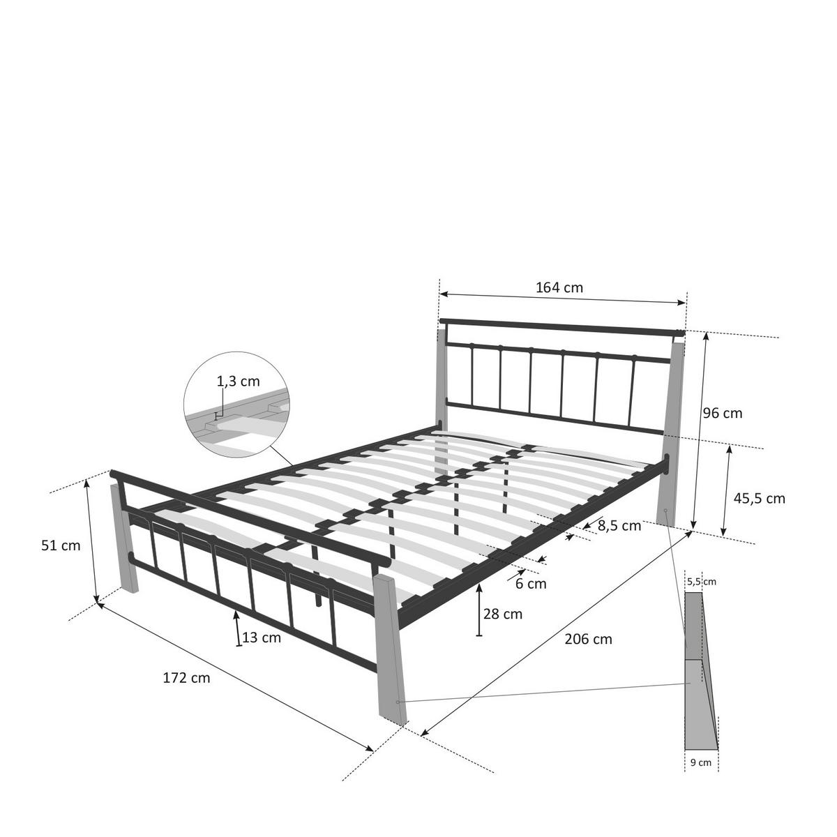 METALLBETT 160/200 cm in Schwarz Natur mit Lattenrost - Schwarz/Naturfarben, Metall (160/200cm) - Homestyle4u