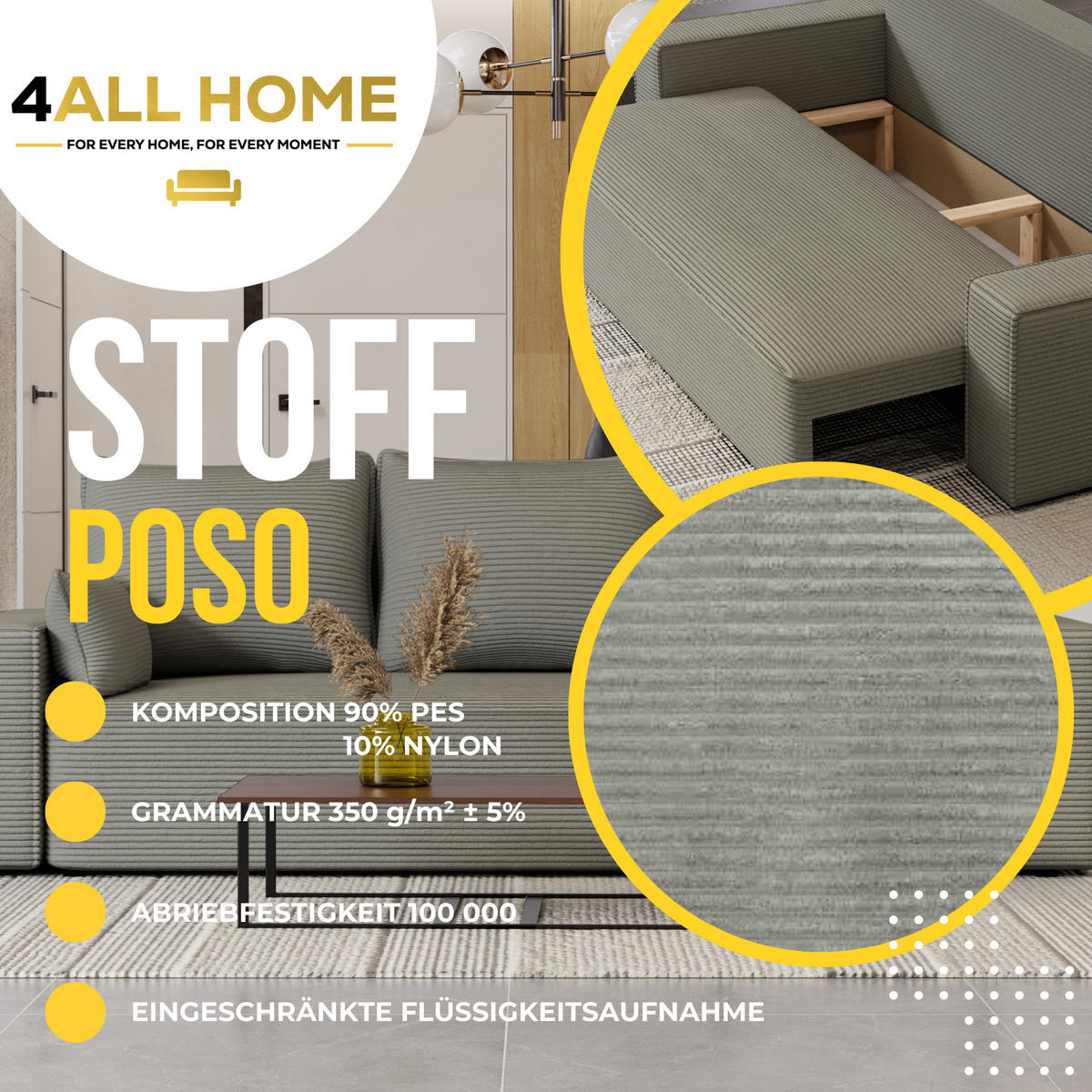 SOFA Vens mit Bettkasten und Schlaffunktion, Cordstoff - Grau, Holzwerkstoff (242/85/95cm)