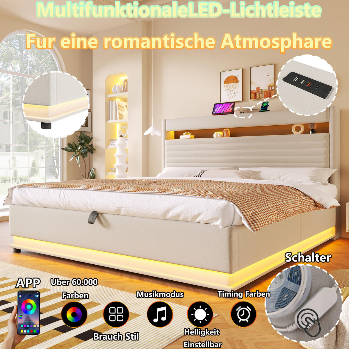 POLSTERBETT mit LED und USB Beige 180x200 cm Textil - Beige, Textil (180/200cm) - SONNENH