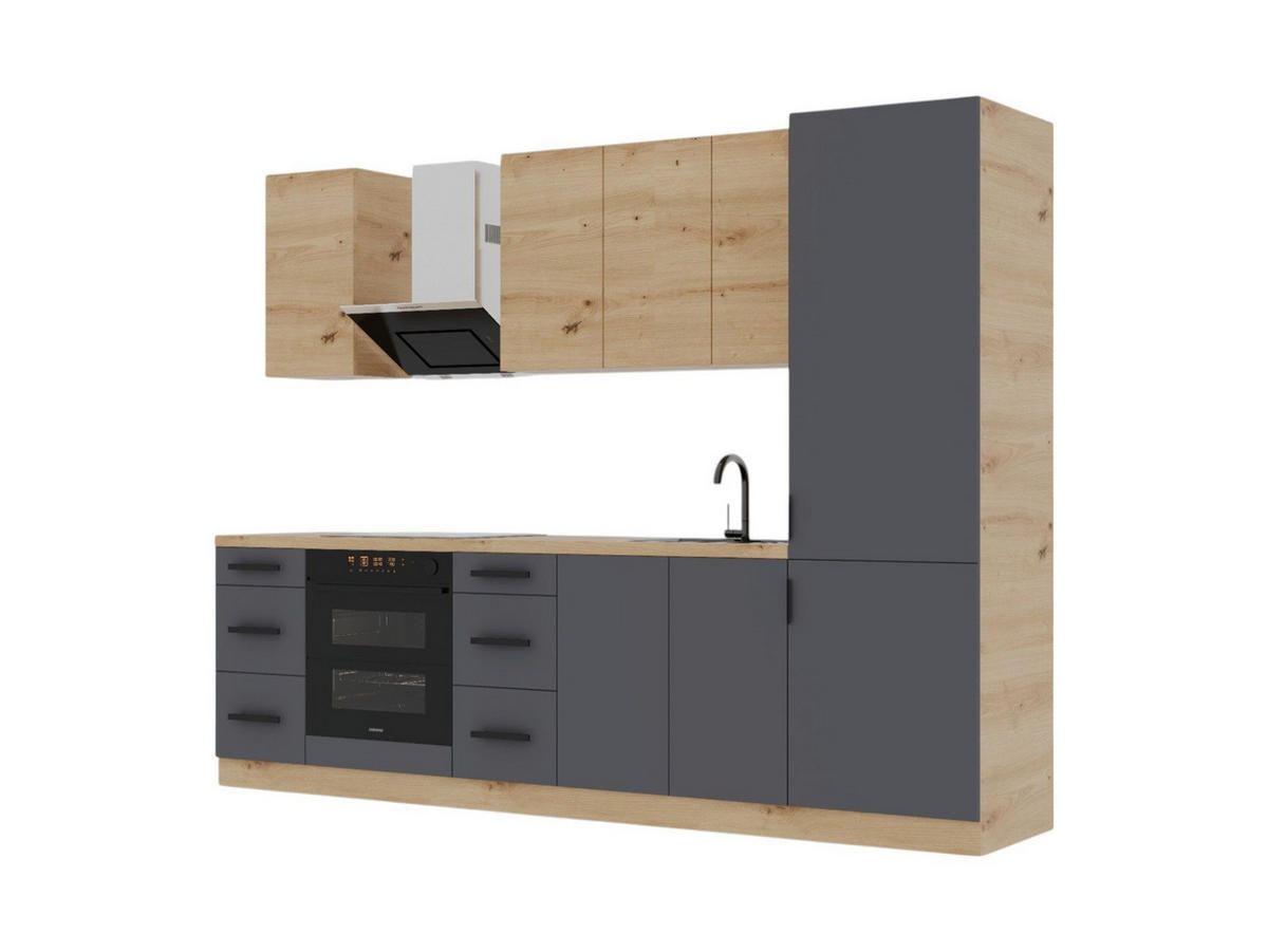 KÜCHENZEILE 280 cm – Nexa K98-G280 – in Grau & Woodline / Matt - Schwarz/Eiche Artisan, Holz/Metall (280/212/58cm) - ROYAL24_MARKT