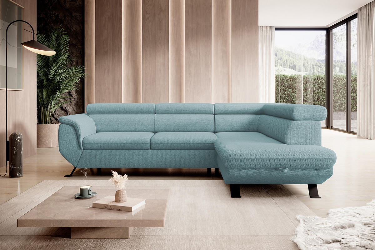 ECKSOFA Raven L mit Schlaffunktion und Bettkasten, Freistehend, Polstersofa mit Verstellbaren Kopfstützen, 257x198x96 cm – Rechte, Hellblau - Hellblau, Holz/Textil (256/198cm) - DomoHome
