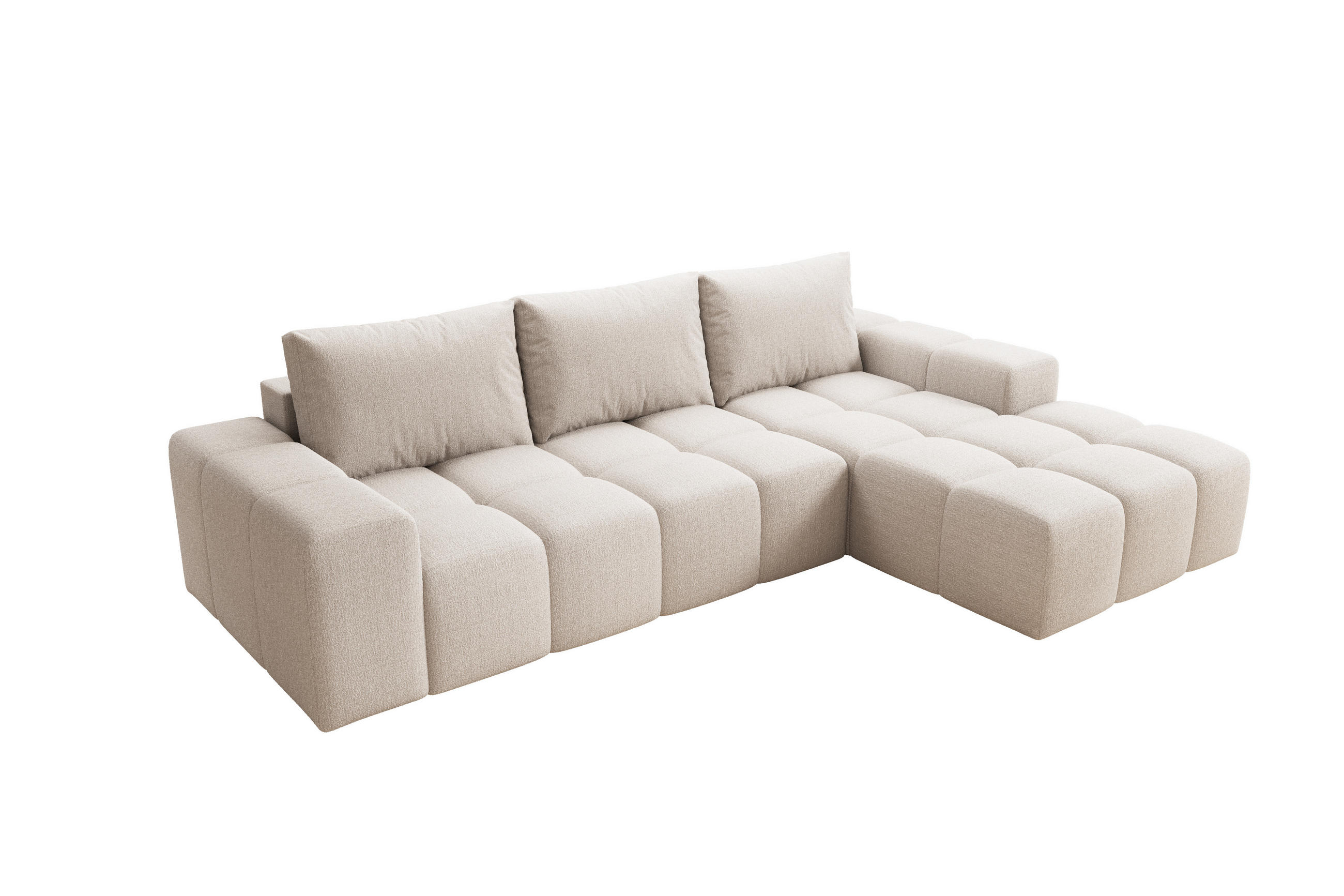 ECKSOFA Cento, L-Form, Ottomane rechts, Teddy-Bouclé-Stoff, 285x56x180 cm, BeigeBeige - Creme, Holz (285/180cm) - PROMETO Möbel