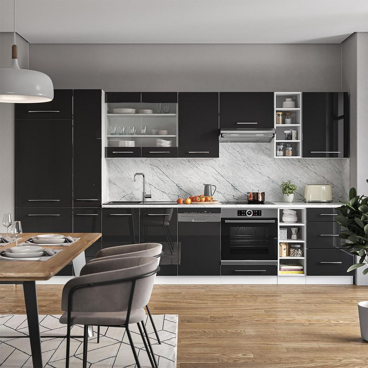 KUHINJSKI BLOK Fame-Line Antracit visok sijaj/bela 355 cm , DP Antracit - črna/bela, leseni material (355/206.8/60cm) - Vicco