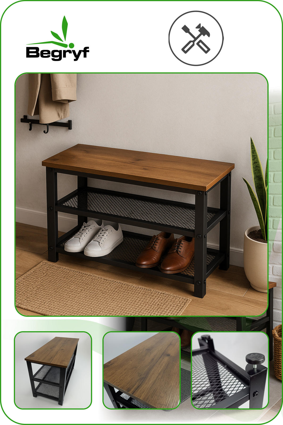 SCHUHBANK Metall Holzoptik Dunkelbraun Schwarz mit 2 Ablagen 73×30×45 cm - Dunkelbraun/Schwarz, Holzwerkstoff/Metall (73/45/30cm) - Begryf