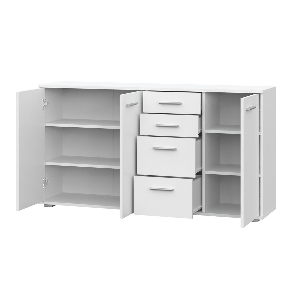 SIDEBOARD FAUSKE KOM3-3D4S Schubladen Weiß - Silberfarben/Weiß, Holzwerkstoff/Kunststoff (138/74/34cm) - Komodee