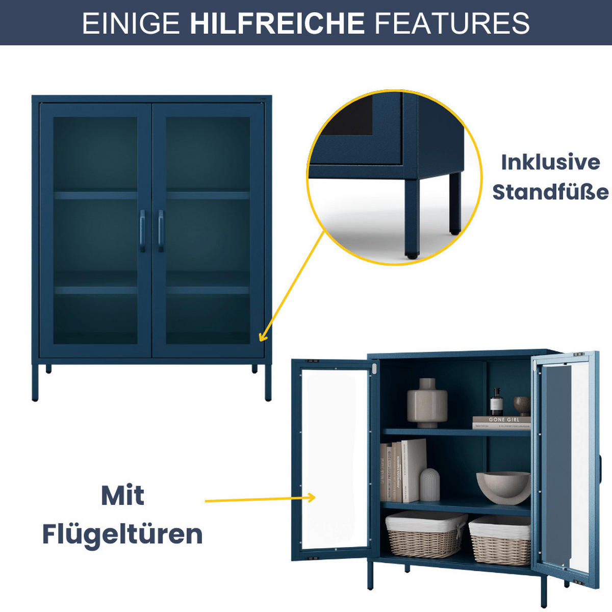 VITRINENSCHRANK Wohnzimmer klein EKER 101,5x80x40cm Dunkelblau - Dunkelblau, Metall (80/101.5/40cm) - DELUKE